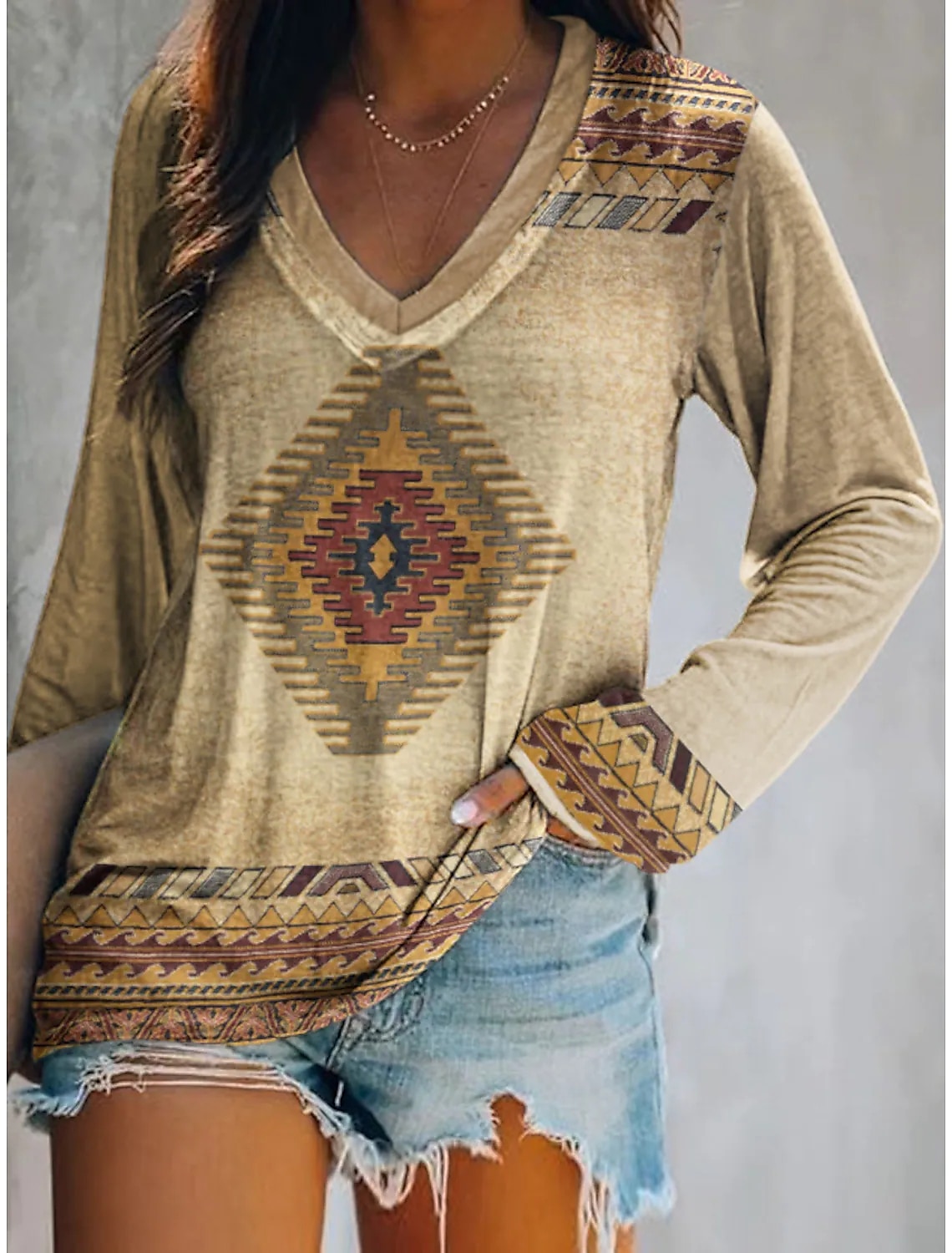 Dame Pluss Størrelse T-skjorte V-hals Langermet Tunika Grafisk Geometrisk Vintage Basis Etnisk Lange Topp Daglig Helge Print Blå Khaki Høst  Vinter 2025 - $22.99 –P2
