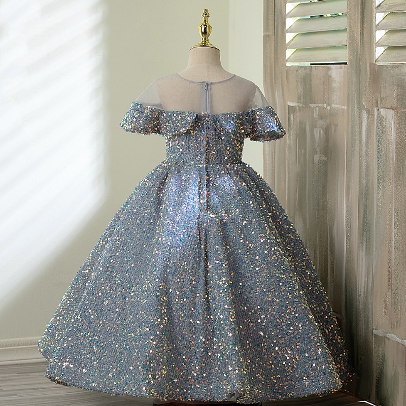 Blomsterpikekjole Jente Kjole Aftenkjole Festkjole Bryllup Fest søt stil Prinsesse Rynket Netting Kortermet Crew-hals Sølv Svart 3-12 år 2025 - $84.99 –P5