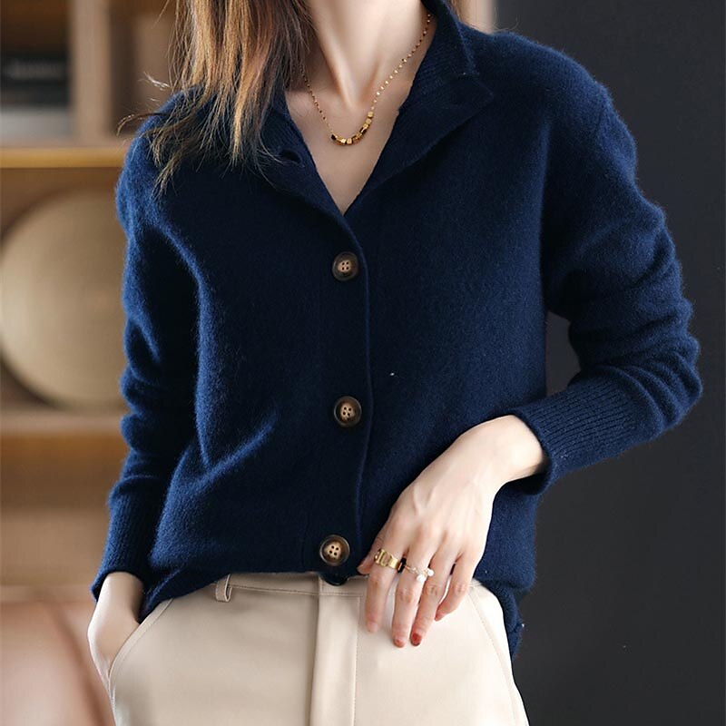 Women's Cardigan Sweater Stand Collar Knit Acrylic Button Knitted Fall Winter Outdoor Home Daily Stylish Basic Casual Long Sleeve Pure Color Navy Blue Camel Brown One-Size S M 2023 - US $35.99 –P12