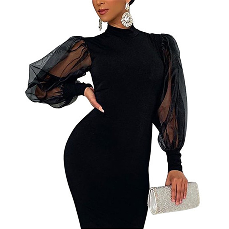 Sheath Cocktail Dresses Black Dress Dress Wedding Guest Engagement Tea Length Long Sleeve High Neck Stretch Fabric with Pure Color Splicing Derby Dresses 2025 free custom size 2025 - $131.99 –P1