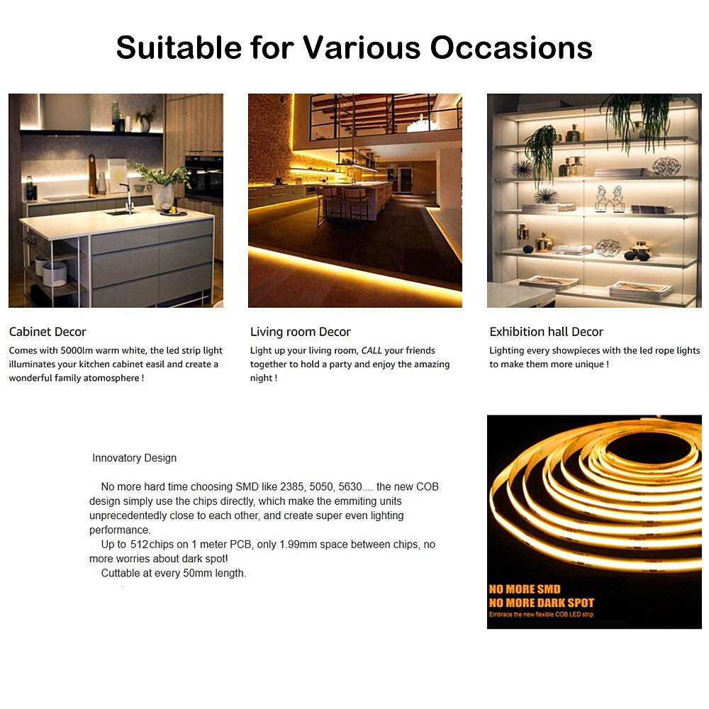 16.4ft Cob Flexbile Neon LED Strip Light Waterproof IR24 Key Controller with 24V Adapter Warm Cold White for Cabinet Bedroom Kitchen TV Mirror 2025 - $44.99 –P9
