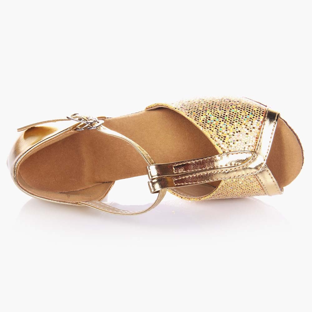 chaussures de danse de salon à paillettes dorées pour filles – talons de danse latine à bride en T et semelle en daim pour performances et compétitions de 2025 ? $24.99 –P4
