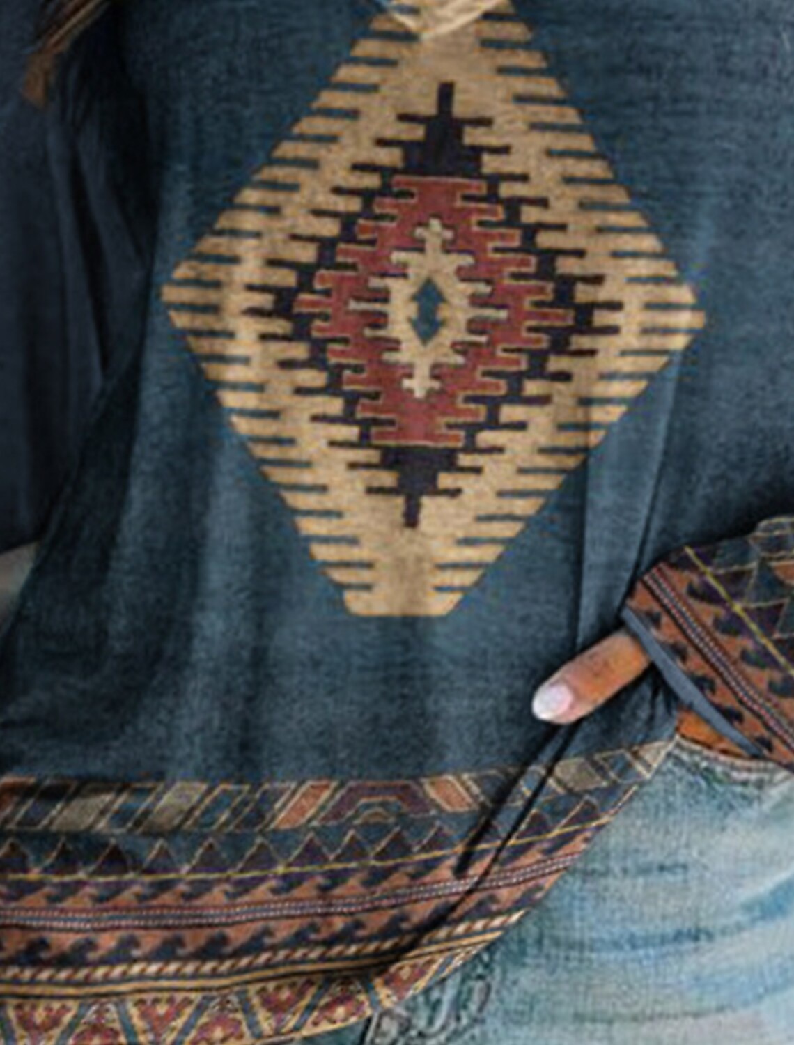 Dame Pluss Størrelse T-skjorte V-hals Langermet Tunika Grafisk Geometrisk Vintage Basis Etnisk Lange Topp Daglig Helge Print Blå Khaki Høst  Vinter 2025 - $22.99 –P5
