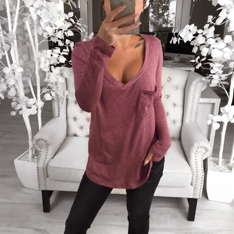 Damen T Shirt Tunika Schwarz Weiß Rosa Einfarbig Tasche Langarm Casual Täglich Basic V Ausschnitt Standard Lockere Passform S 2025 - $19.99 –P8