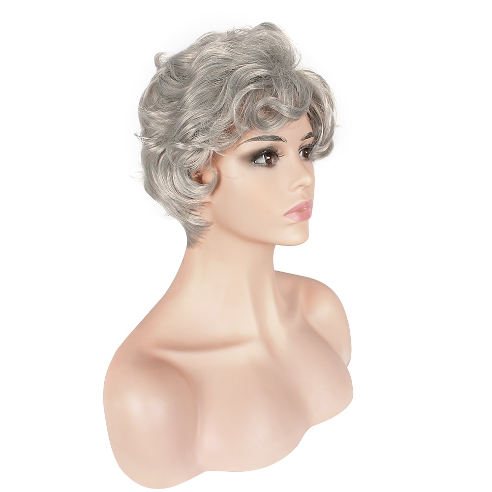 grijze pruiken voor vrouwen synthetische pruik krullend krullend pixie knippen met pony pruik kort zilver synthetisch haar grijs 2025 - $15.49 –P2