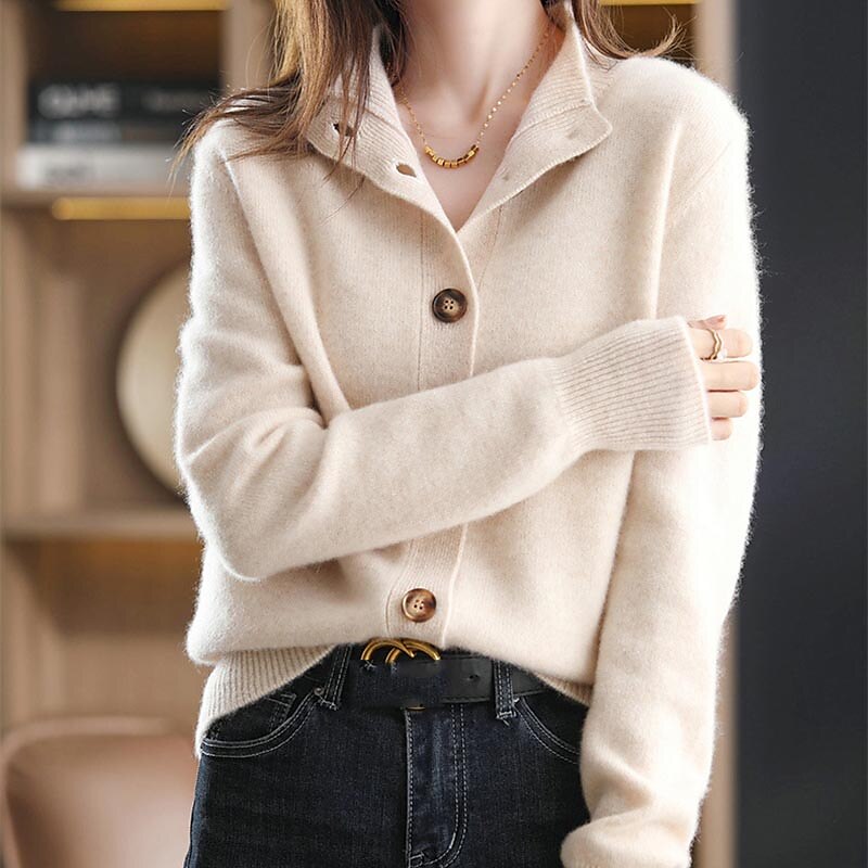 Women's Cardigan Sweater Stand Collar Knit Acrylic Button Knitted Fall Winter Outdoor Home Daily Stylish Basic Casual Long Sleeve Pure Color Navy Blue Camel Brown One-Size S M 2023 - US $35.99 –P8