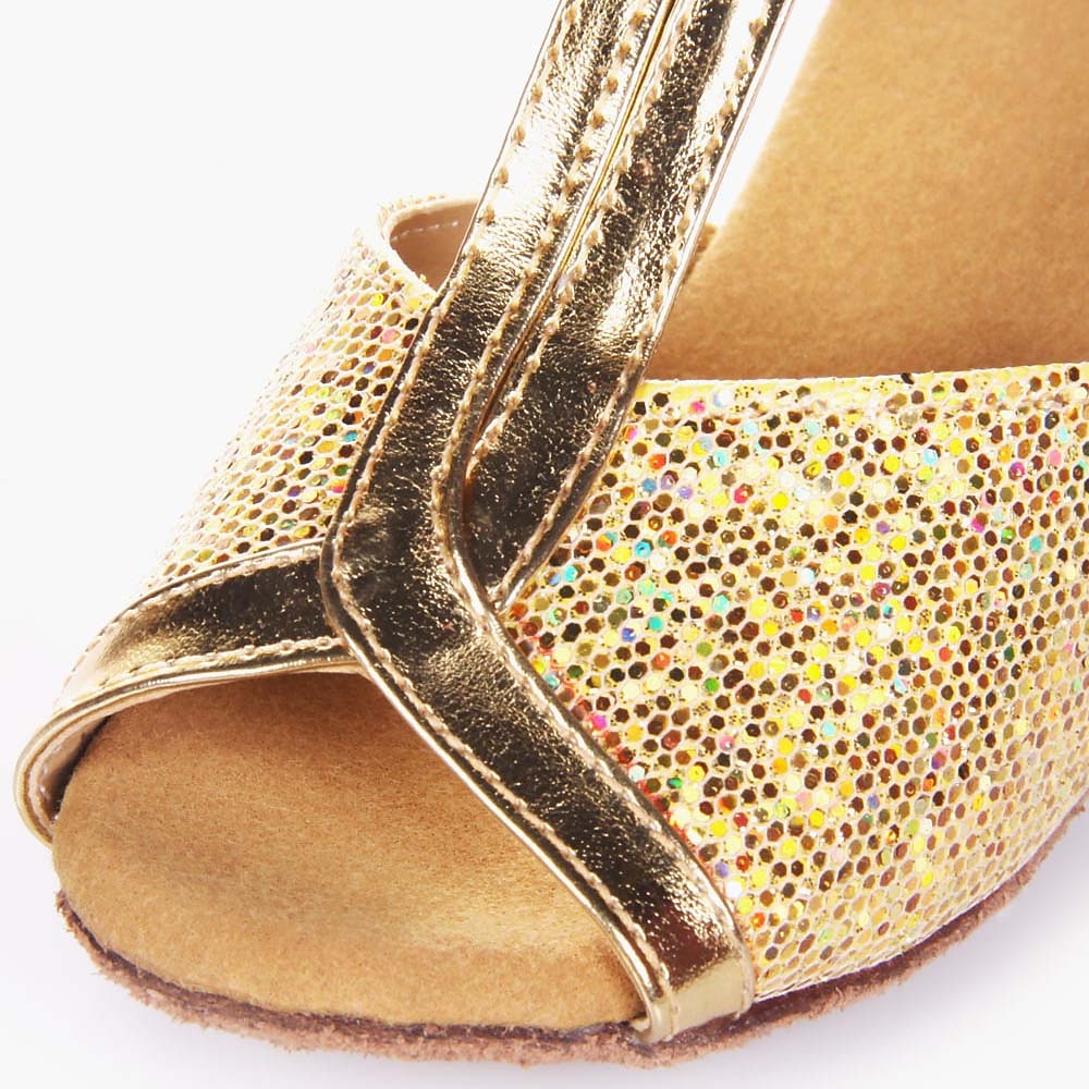 chaussures de danse de salon à paillettes dorées pour filles – talons de danse latine à bride en T et semelle en daim pour performances et compétitions de 2025 ? $24.99 –P1