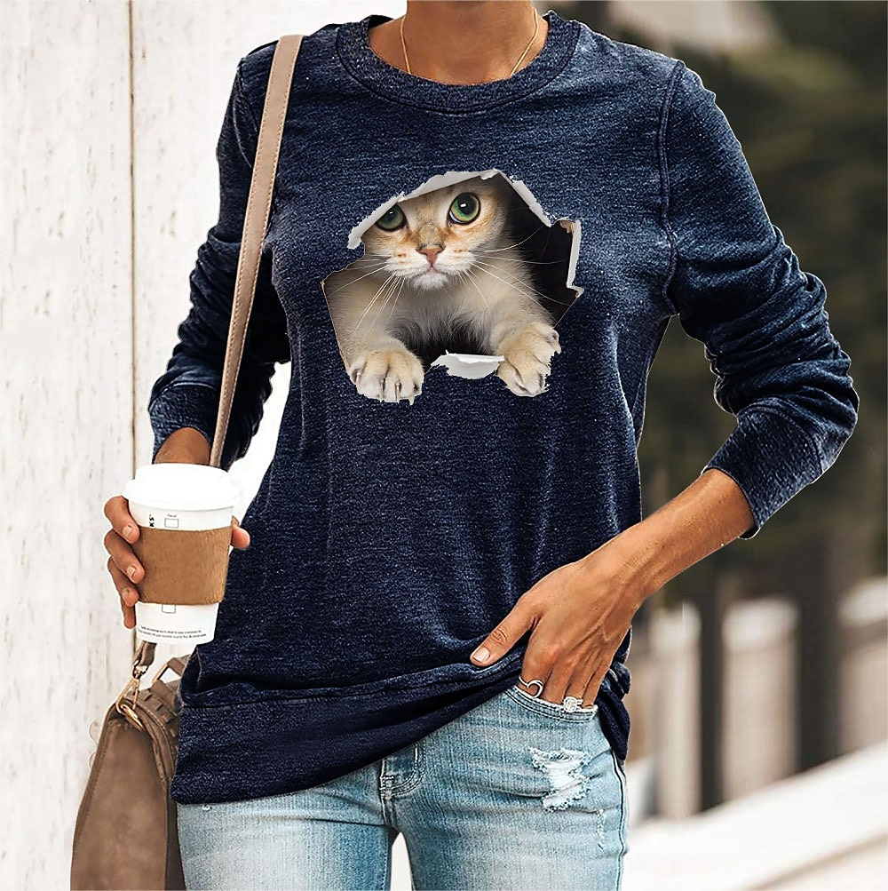 Women's T shirt Tee Summer Tops Black Yellow Navy Blue Graphic 3D Cat Print  Long Sleeve Daily Cute Round Neck Regular Graphic Pet S 2024 - $21.99