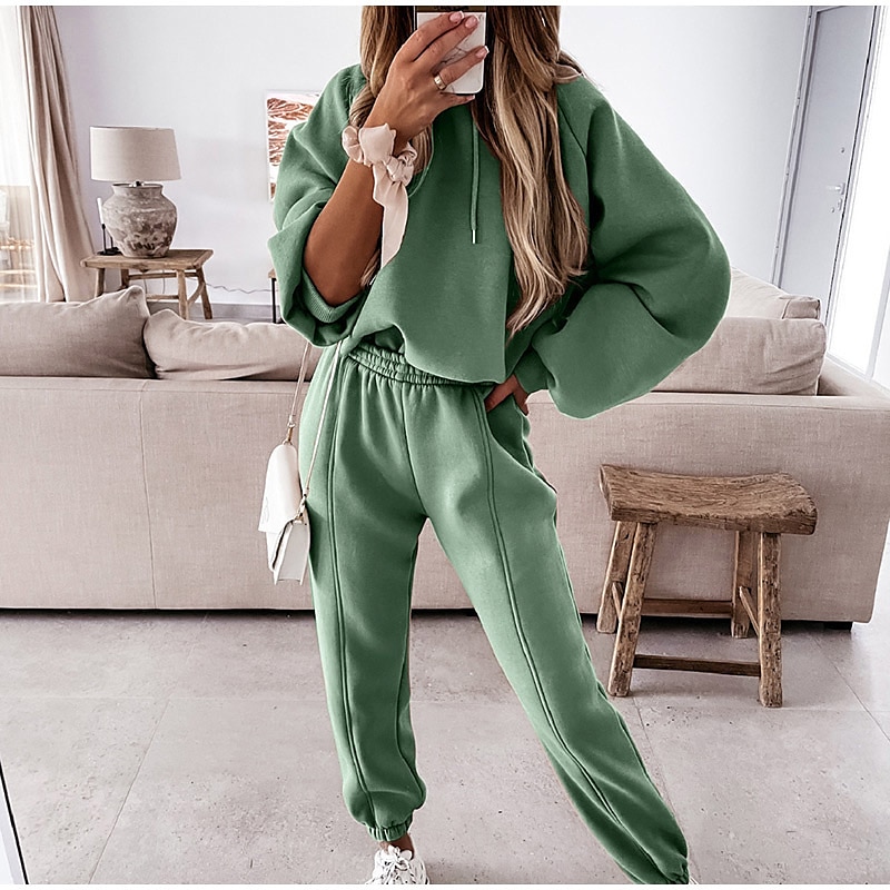Women's Active Streetwear Tracksuit Pants Sets Sweatshirt Long Sleeve Hooded Solid Color Sports Outdoor Casual Black White Green Fall & Winter Regular Fit 2025 - $28.99 –P6