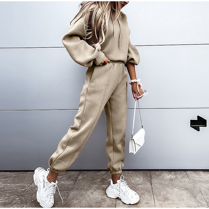 Women's Active Streetwear Tracksuit Pants Sets Sweatshirt Long Sleeve Hooded Solid Color Sports Outdoor Casual Black White Green Fall & Winter Regular Fit 2025 - $28.99 –P20
