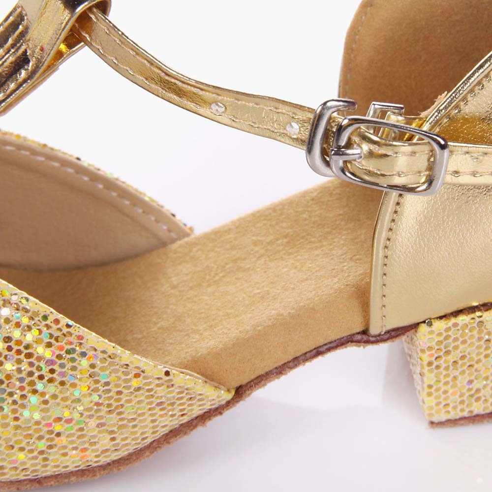 chaussures de danse de salon à paillettes dorées pour filles – talons de danse latine à bride en T et semelle en daim pour performances et compétitions de 2025 ? $24.99 –P2