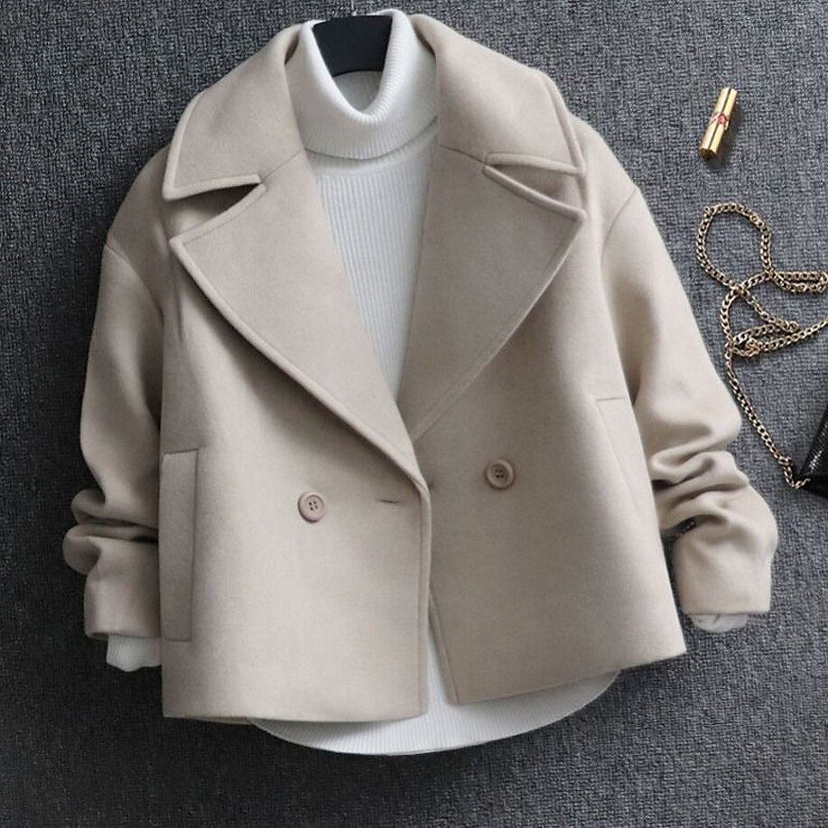 Women's Wool Blend Coat Witer Double Breasted Lapel Pea Coat Fall Crop Over Coat Windproof  Warm Jacket Long Sleeve Solid Color Black Beige 2023 - US $35.99 –P9