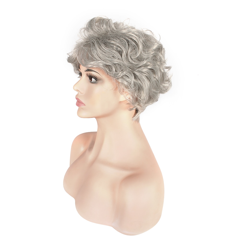 grijze pruiken voor vrouwen synthetische pruik krullend krullend pixie knippen met pony pruik kort zilver synthetisch haar grijs 2025 - $15.49 –P3
