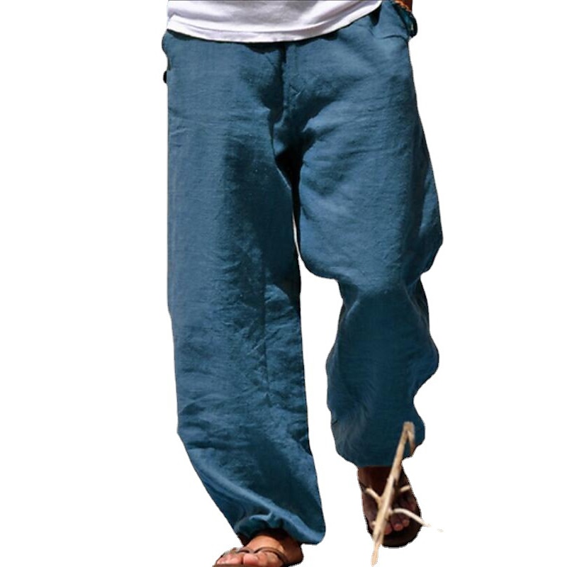 Summer Men Casual Linen Baggy Pants Soft Cotton Trousers Elastic Waist Loose  US