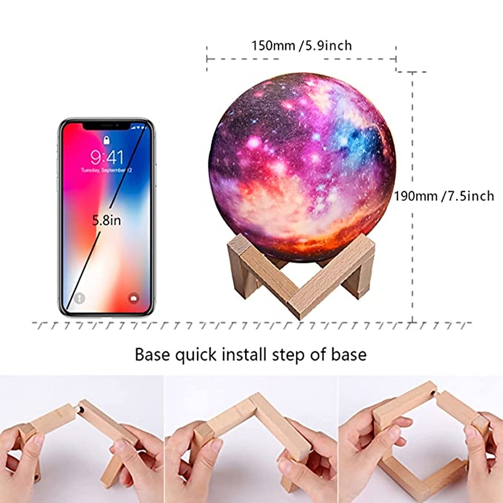3D-лампа Galaxy Moon 5,9-дюймовое освещение Galaxy Moon ночник с 16 светодиодами сенсорного цвета&amp; Пульт дистанционного управления с деревянной подставкой, уникальный подарок на Рождество, день 2025 - $38.99 –P7