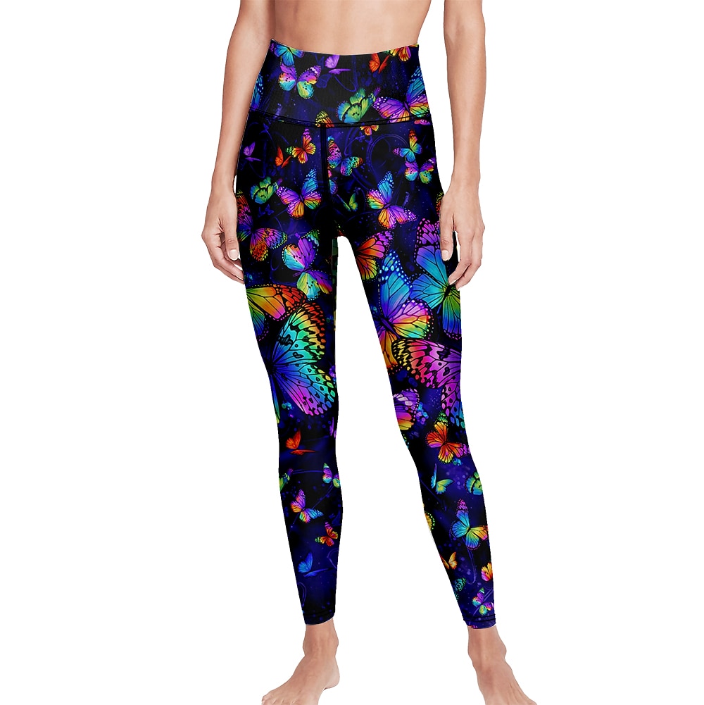 Mujer Pantalones de yoga Levantamiento de tope Control de barriga Alta cintura Entrenamiento de gimnasio Corriendo Aptitud física Calzas Cortas Mariposa Azul Marino Oscuro Morado Otoño Invierno 2026 - $12.99 –P10