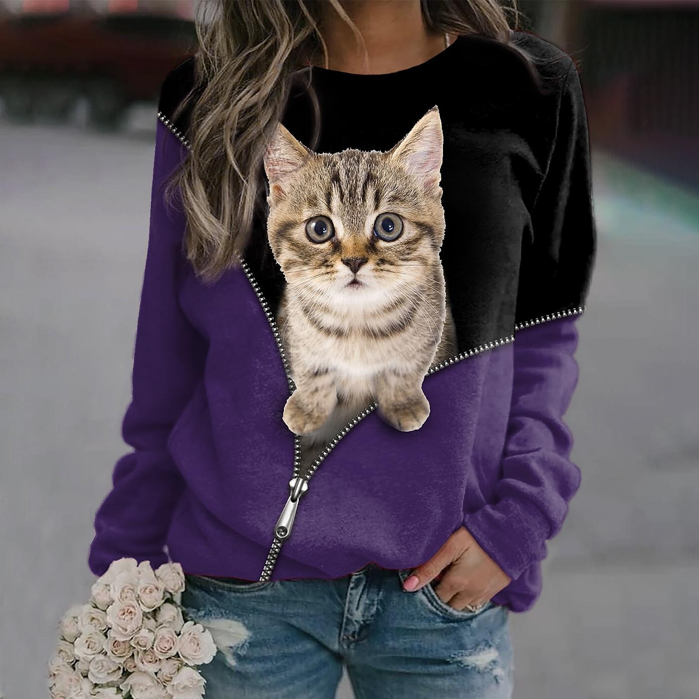 Sudadera con capucha para mujer, con estampado 3D de gato, informal, deportiva, con estampado 3D, ropa de calle activa, sudaderas con capucha, sudaderas, azul, morado, negro, cómodas, transpirables, 2025 - $27.99 –P4