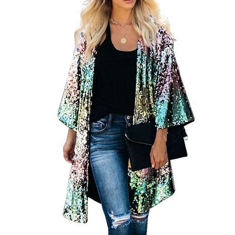 Women's Casual Jacket Outdoor Street Daily Spring Summer Long Coat V Neck Regular Fit Breathable Streetwear Casual Jacket 3/4 Length Sleeve Color Gradient Sequins Embroidered Green 2024 - $58.99 –P4