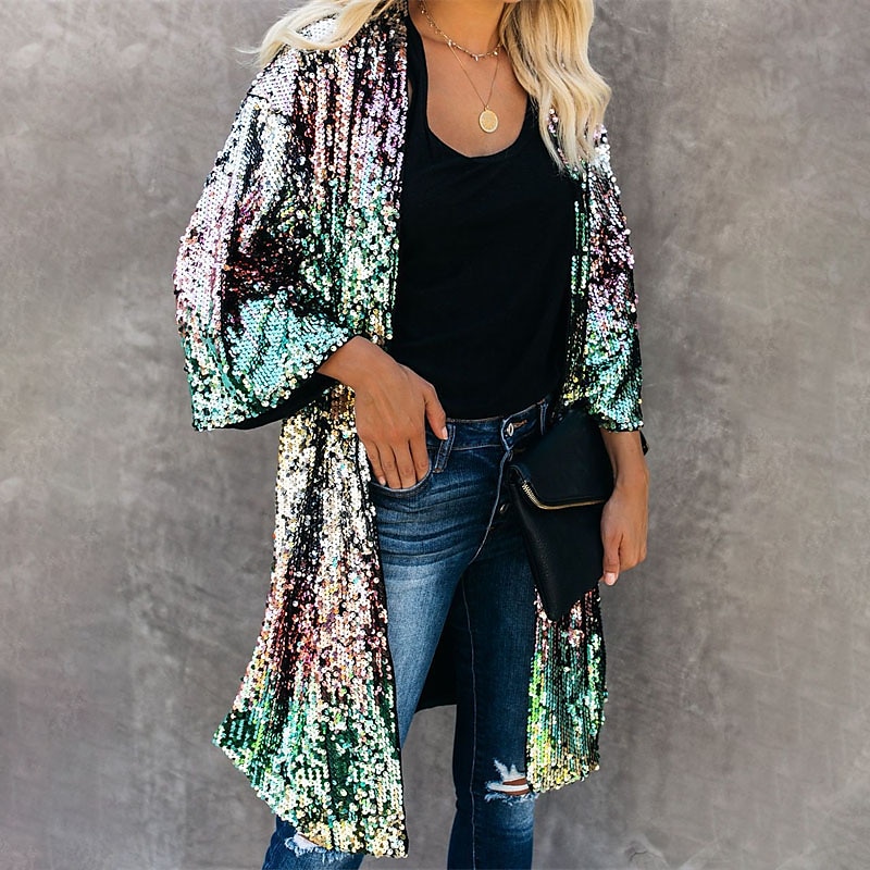 Women's Casual Jacket Outdoor Street Daily Spring Summer Long Coat V Neck Regular Fit Breathable Streetwear Casual Jacket 3/4 Length Sleeve Color Gradient Sequins Embroidered Green 2024 - $58.99 –P2