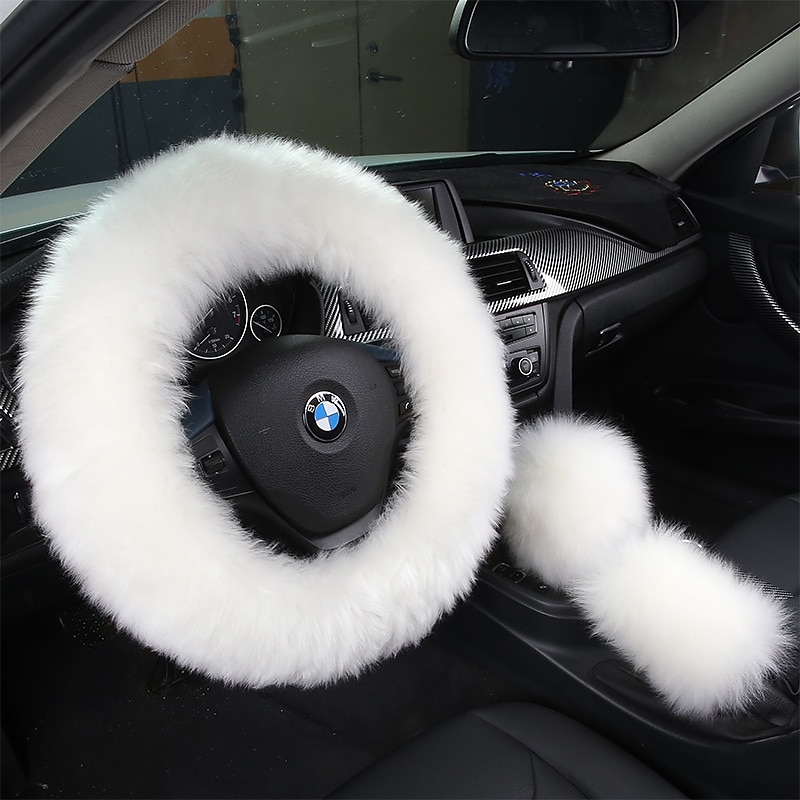 3pcs Set Womens Winter Fashion Wool Fur Soft Furry Steering Wheel