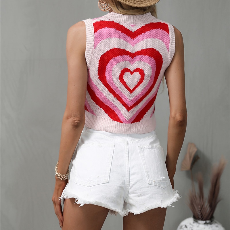 Women's Vest Knitted LOVE Heart Stylish Casual Valentine's Day Soft Sleeveless Regular Fit Sweater Cardigans Crew Neck Spring Summer Green Blue Pink / Holiday / Going out 2023 - US $31.99 –P5