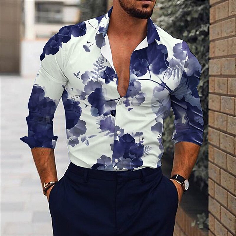 Herren Blumen Hemd Knopfhemd Langarm Modisch Designer Brautkleider schlicht Outdoor Casual Festtage Sommer Frühling Umlegekragen Bedruckt Button-Down Weiß Blau Braun Khaki 2025 - $26.99 –P1