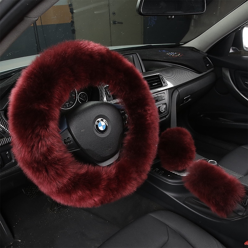 3Pcs Set Womens Winter Fashion Wool Fur Soft Furry Steering Wheel Covers  Black Fluffy Handbrake Cover