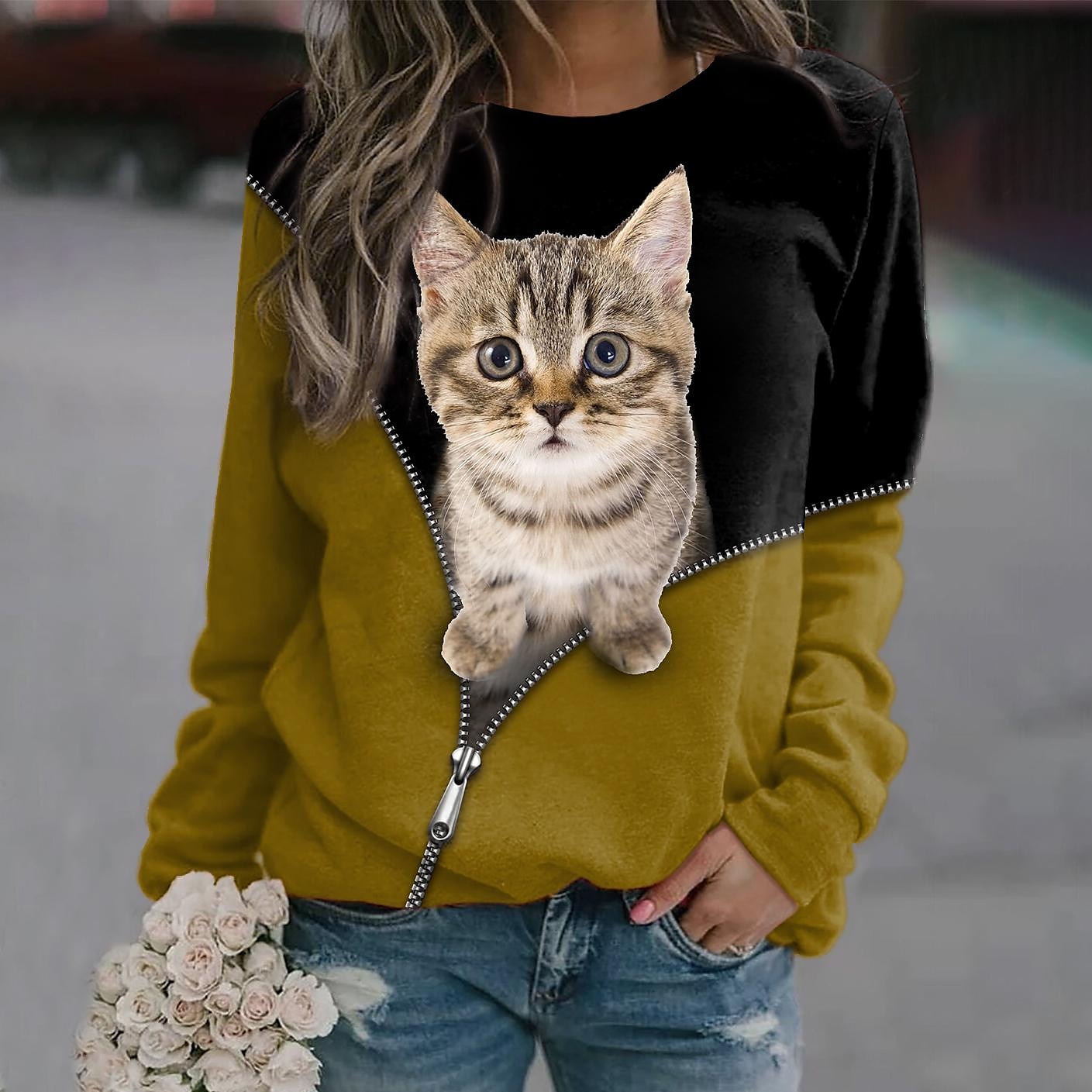 Sudadera con capucha para mujer, con estampado 3D de gato, informal, deportiva, con estampado 3D, ropa de calle activa, sudaderas con capucha, sudaderas, azul, morado, negro, cómodas, transpirables, 2025 - $27.99 –P6