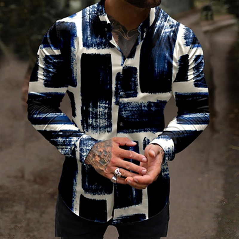 Herren Farbblock Geometrische Muster Hemd Knopfhemd Langarm Modisch Designer Brautkleider schlicht Outdoor Casual Festtage Sommer Frühling Umlegekragen Bedruckt Button-Down Rote Marineblau Purpur Grün 2025 - $26.99 –P1