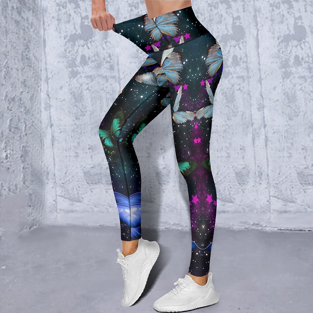 Mujer Pantalones de yoga Levantamiento de tope Control de barriga Alta cintura Entrenamiento de gimnasio Corriendo Aptitud física Calzas Cortas Mariposa Azul Marino Oscuro Morado Otoño Invierno 2026 - $12.99 –P1