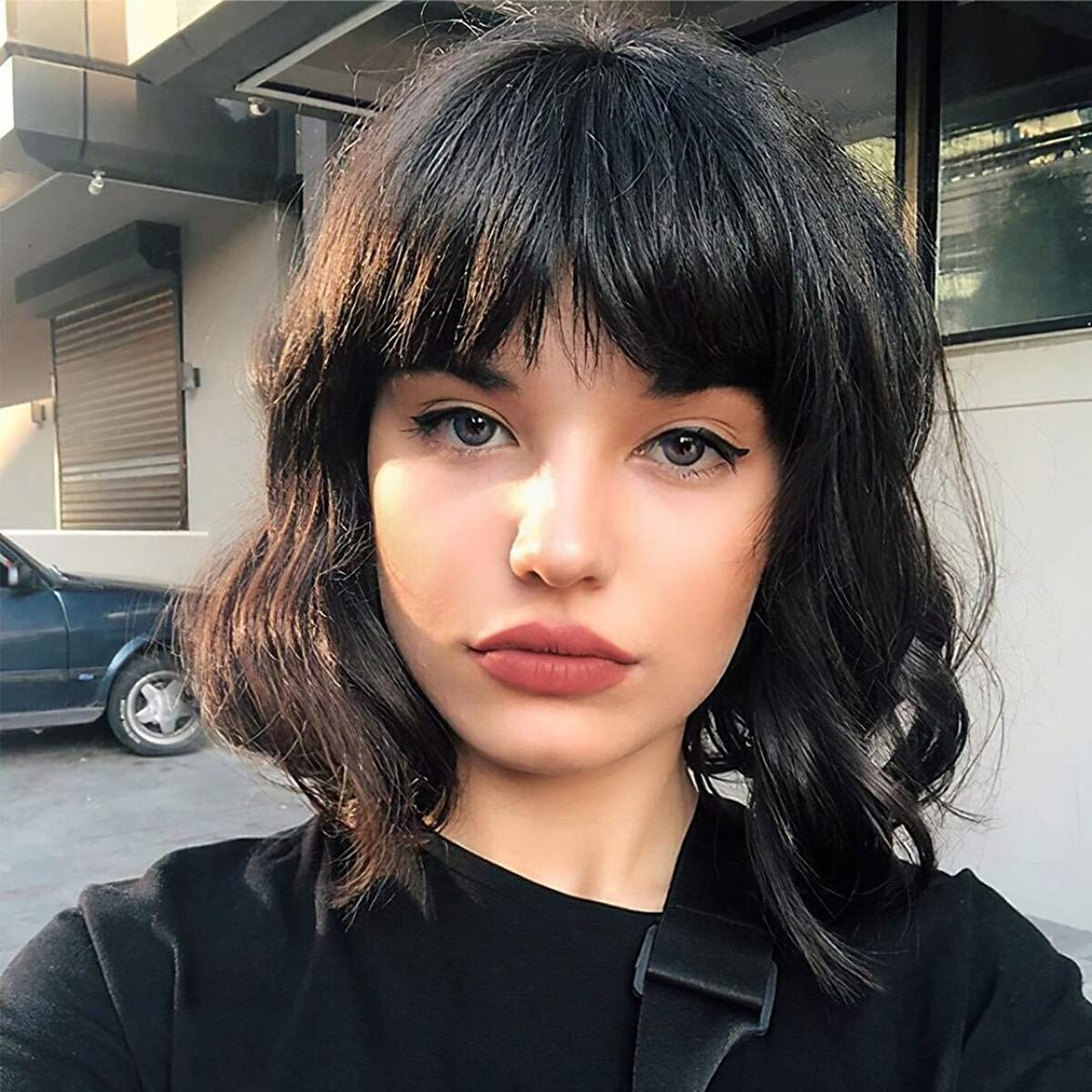peruci albastre pentru femei perucă ondulată cu cap ondulat cu breton perucă mov cu gradient natural păr sintetic lungimea umărului perucă păr scurt creț 8 inch (aproximativ 20 cm) peruci pentru 2025 - $23.99 –P1