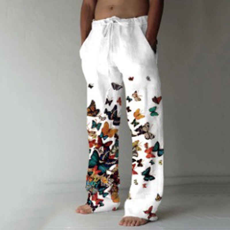 Men's Linen Pants Chinos Trousers Elastic Drawstring Design Print