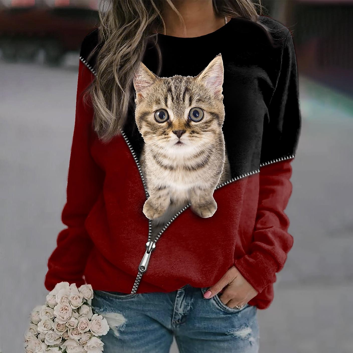Sudadera con capucha para mujer, con estampado 3D de gato, informal, deportiva, con estampado 3D, ropa de calle activa, sudaderas con capucha, sudaderas, azul, morado, negro, cómodas, transpirables, 2025 - $27.99 –P5