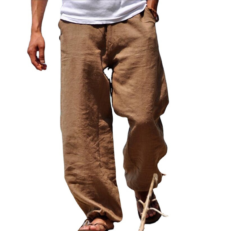 Men's Linen Pants Trousers Summer Pants Beach Pants Elastic Waist Wide Leg  Straight Leg Plain Breathable Soft Casual Daily Beach Linen / Cotton Blend  Fashion Streetwear Loose Fit Black White 2024 - $19.49
