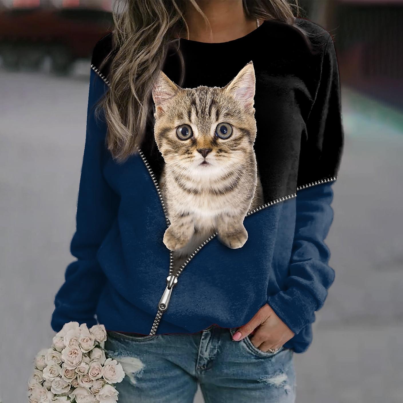 Sudadera con capucha para mujer, con estampado 3D de gato, informal, deportiva, con estampado 3D, ropa de calle activa, sudaderas con capucha, sudaderas, azul, morado, negro, cómodas, transpirables, 2025 - $27.99 –P2