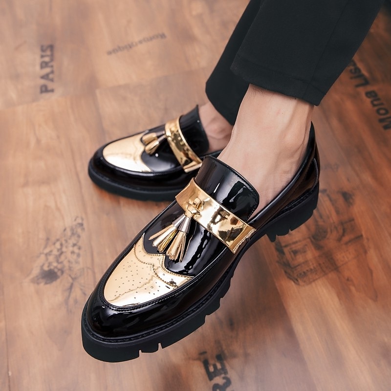 Herren-Loafer aus schwarz-goldenem Lackleder mit Quastendetails und robuster Sohle für formelle und legere Anlässe 2025 - $64.99 –P1