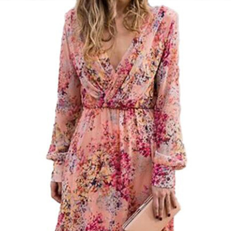damen swingkleid maxi langes kleid rosa langarm floral print frühling sommer tiefes v elegant boho 2022 s m l xl xxl xxxl 2025 - $33.99 –P4