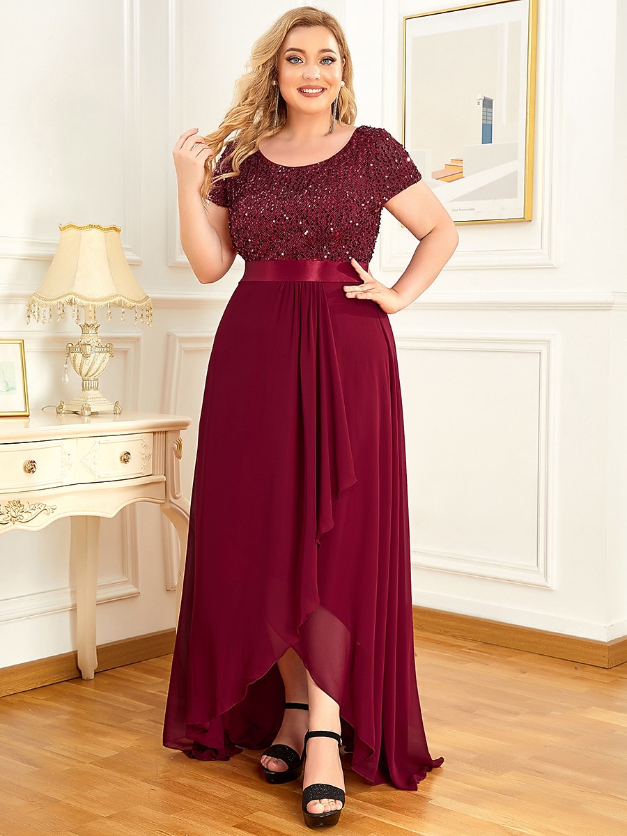 A-Line Plus Size Elegant Homecoming Formal Evening Dress Jewel Neck Short  Sleeve Asymmetrical Chiffon with Sequin 2023 2024 - $75.99