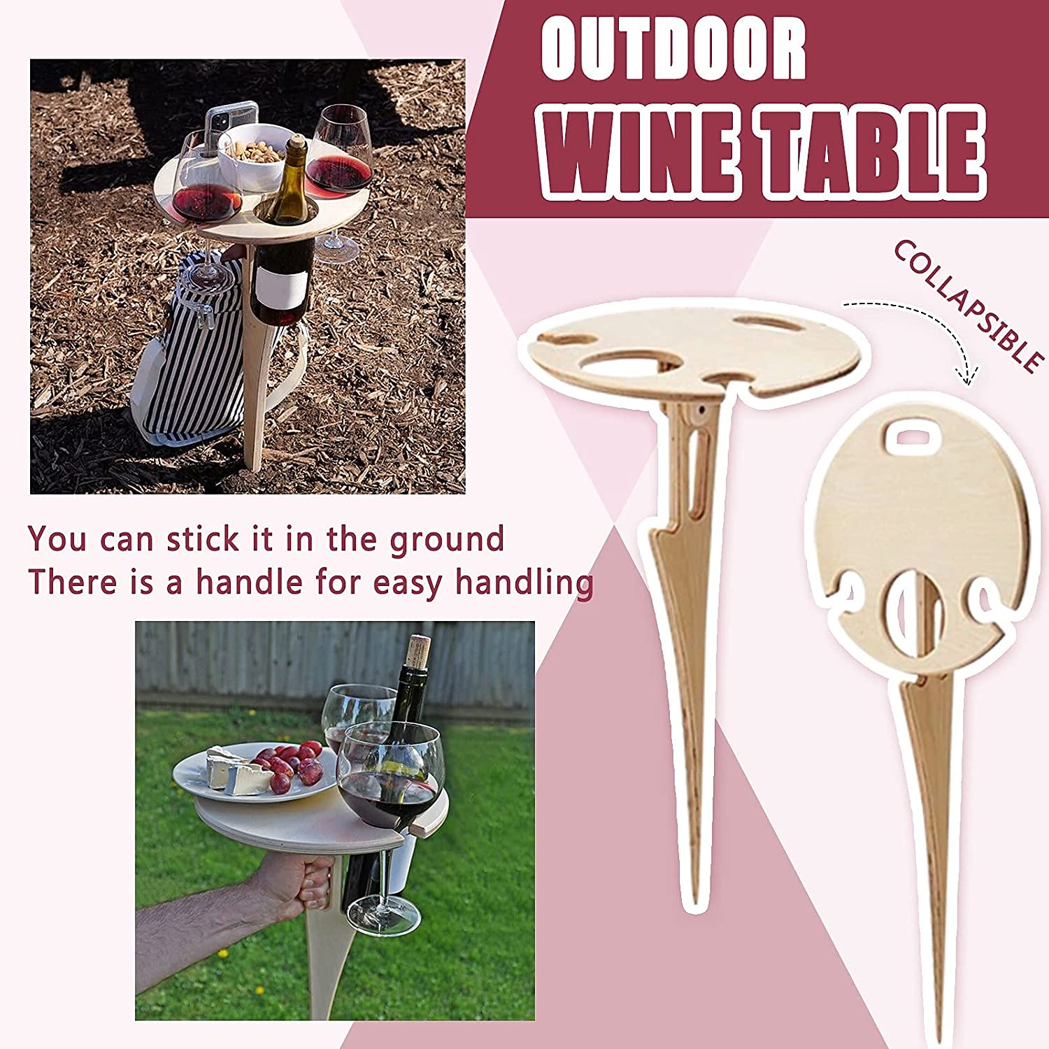 wijntafel voor buiten, opvouwbare staak voor wijntafel, picknicktafel voor buitenwijn, draagbare wijnglazen en flessenhouder, dienblad voor snack- en kaashouder voor kamperen in de achtertuin, strand, houten wijnrek 2026 - $20.99 –P2