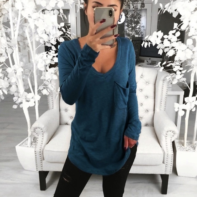 Damen T Shirt Tunika Schwarz Weiß Rosa Einfarbig Tasche Langarm Casual Täglich Basic V Ausschnitt Standard Lockere Passform S 2025 - $19.99 –P5