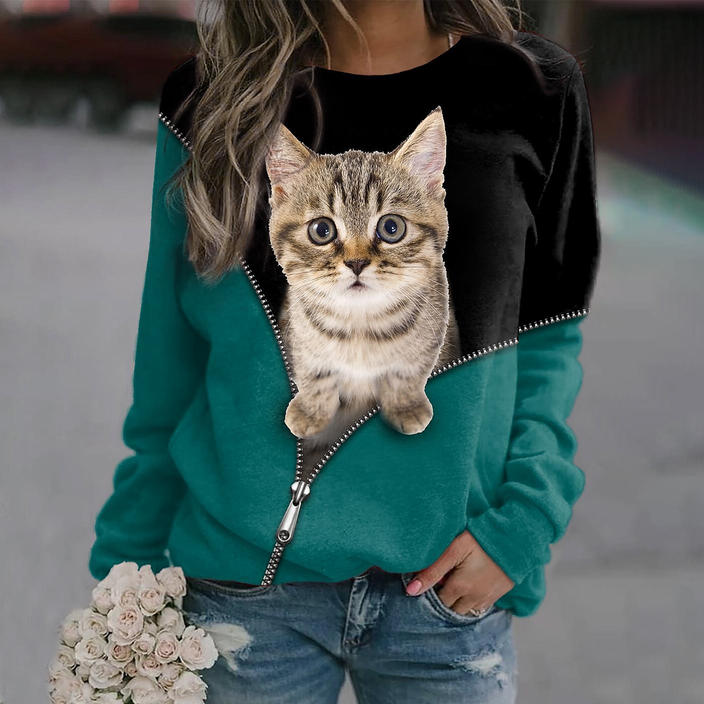 Sudadera con capucha para mujer, con estampado 3D de gato, informal, deportiva, con estampado 3D, ropa de calle activa, sudaderas con capucha, sudaderas, azul, morado, negro, cómodas, transpirables, 2025 - $27.99 –P3