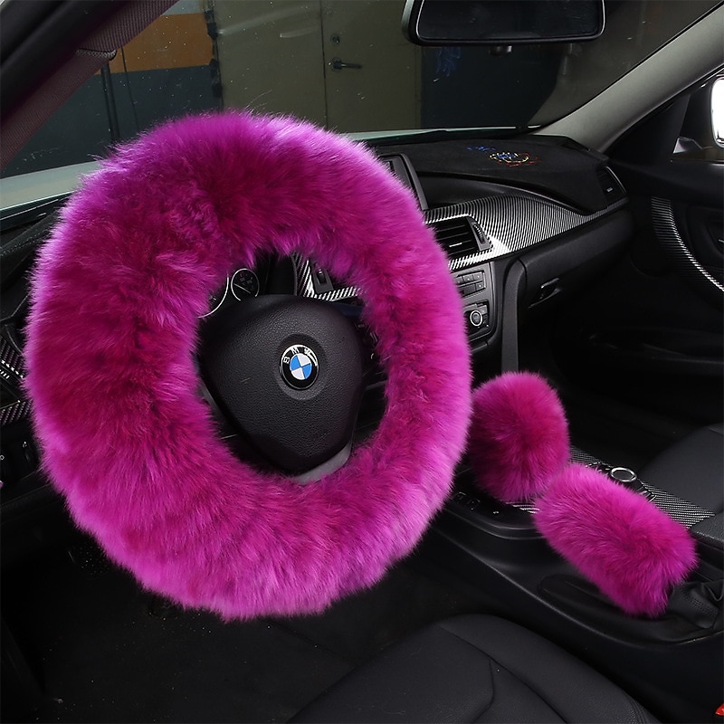 3Pcs Set Womens Winter Fashion Wool Fur Soft Furry Steering Wheel Covers  Black Fluffy Handbrake Cover