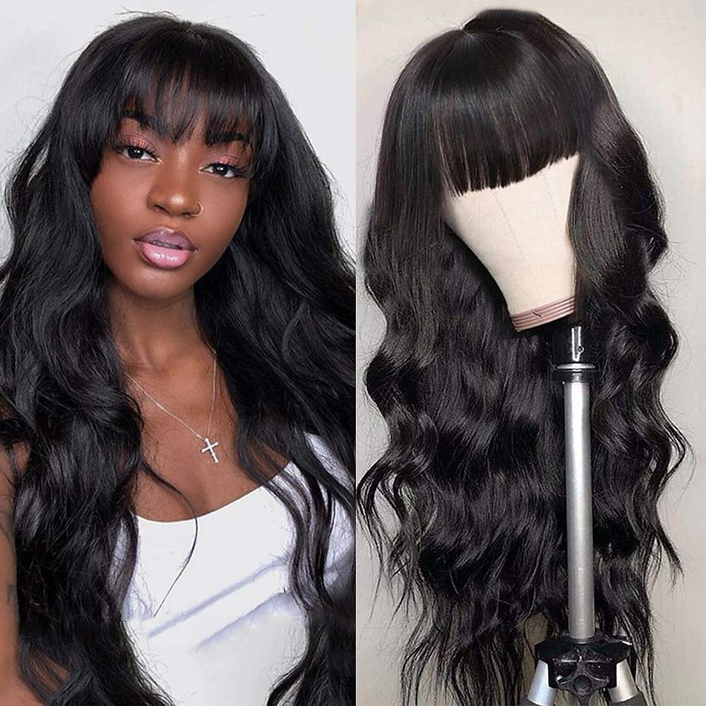 Human Hair Wig Long Body Wave With Bangs Natural Party Best Quality New Arrival Capless Brazilian Hair Women's Natural Black #1B 12 inch 14 inch 16 inch Daily Thanksgiving New Year 2025 - $73.99 –P2