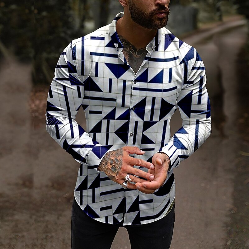 Herren Geometrische Muster Geometrie Hemd Knopfhemd Langarm Modisch Designer Brautkleider schlicht Outdoor Casual Festtage Sommer Frühling Umlegekragen Bedruckt Button-Down Marineblau 2025 - $26.99 –P1