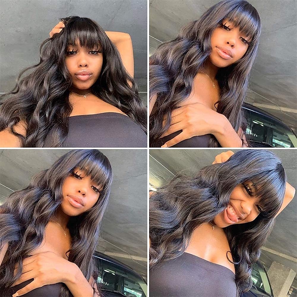 Human Hair Wig Long Body Wave With Bangs Natural Party Best Quality New Arrival Capless Brazilian Hair Women's Natural Black #1B 12 inch 14 inch 16 inch Daily Thanksgiving New Year 2025 - $73.99 –P6