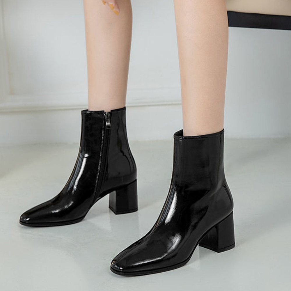 Botines de charol blanco para mujer: diseño elegante con cremallera lateral y tacones de bloque, perfectos para una noche elegante o atuendos casuales y elegantes 2025 - $54.99 –P4