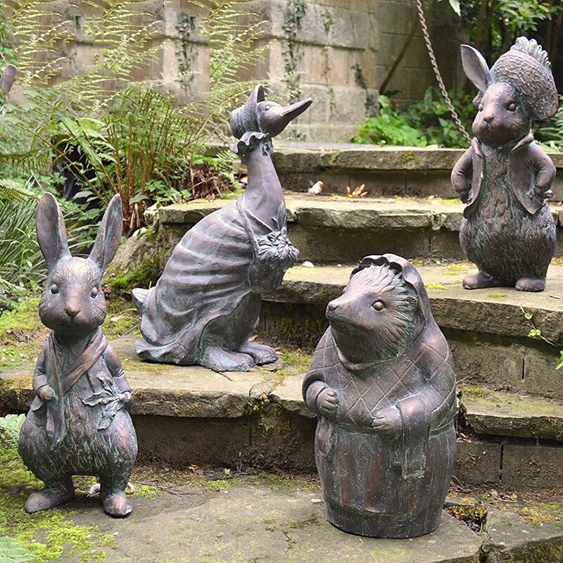 Bronze Style Garden Ornament Statue Mrs Duck Hedgehog Rabbit Figurine Vintage