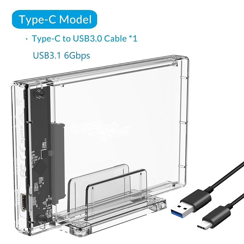 USB-C Transparent SATA External HDD SDD Hard Drive 2.5 inch USB 3.1 Enclosure 