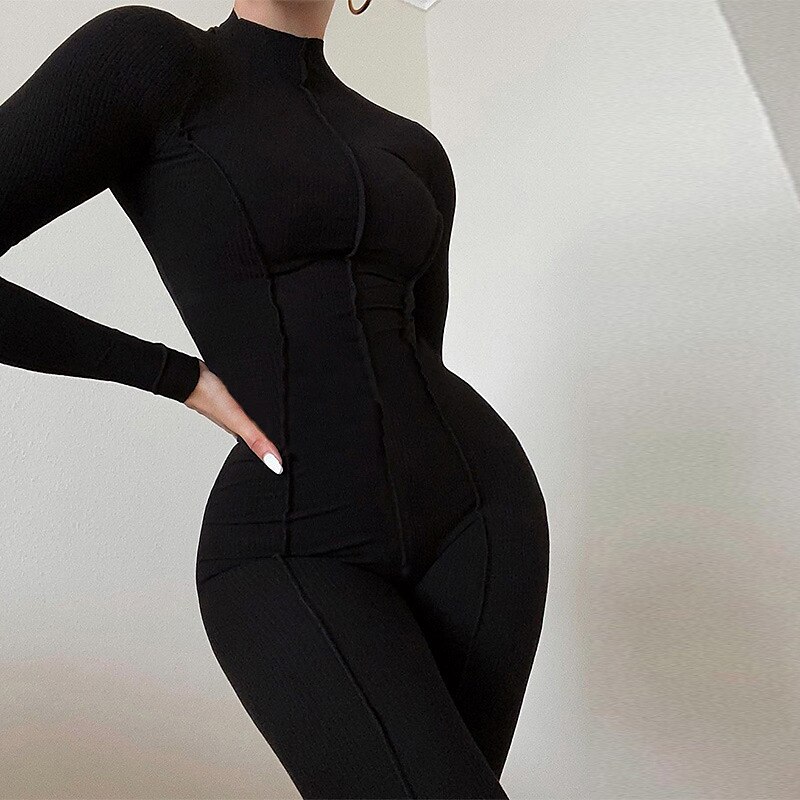 Solid Black Bodysuit Workout Jumpsuit Zipper Turtle Neck Women