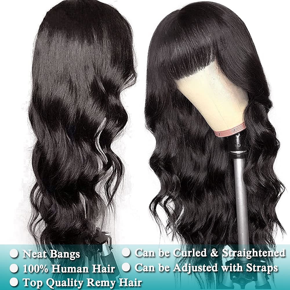 Human Hair Wig Long Body Wave With Bangs Natural Party Best Quality New Arrival Capless Brazilian Hair Women's Natural Black #1B 12 inch 14 inch 16 inch Daily Thanksgiving New Year 2025 - $73.99 –P4